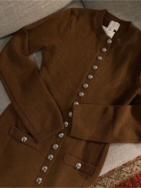 Classic Brown Button-Front Women's Sweater Cardigan Dress
